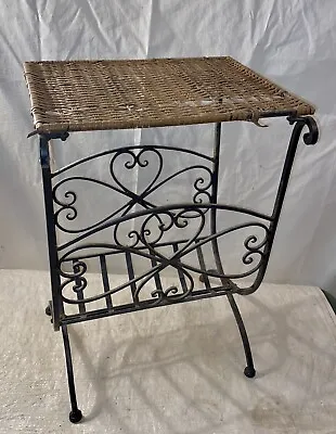 Vintage Wrought Iron & Wicker Side Table/magazine Rack • $79.95