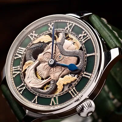 Skeleton Skull Marriage Watch Antique 1910s Mechanical Green Leather Silver Case • $1750