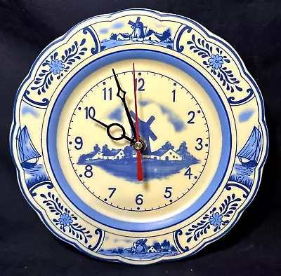 Delft Windmill Quartz Plastic Blue & Cream Wall Plate Clock Vintage Sailboat • $14.95