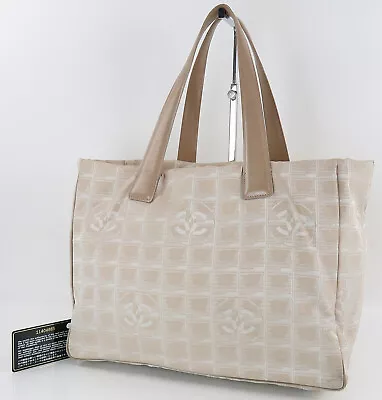 Auth CHANEL New Travel Line Beige Nylon And Leather Tote Bag Purse #56546 • $179.10