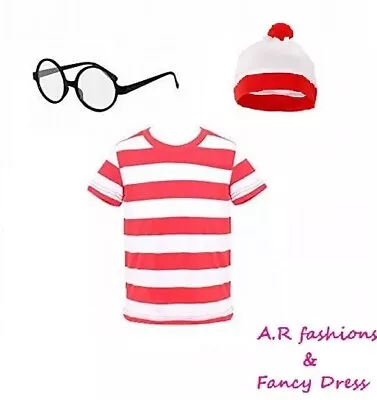 Where's Wally Kids 3pc Fancy Dress Red & White T-Shirt Hat Glasses Book Day • £9.89