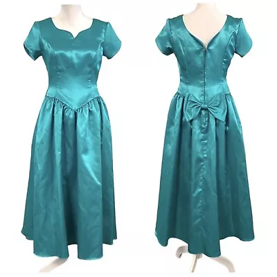 Vintage 80s Teal Satin Prom Dress 8 Full Skirt Tea Length Party Formal Dance • $80