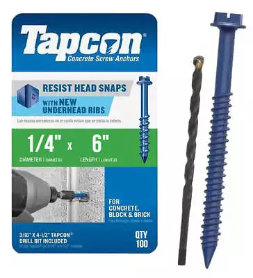 Tapcon 1/4  X 6  Hex Head Concrete Anchor Screws 3205407 | 100 Pack | Drill Bit  • $69.95