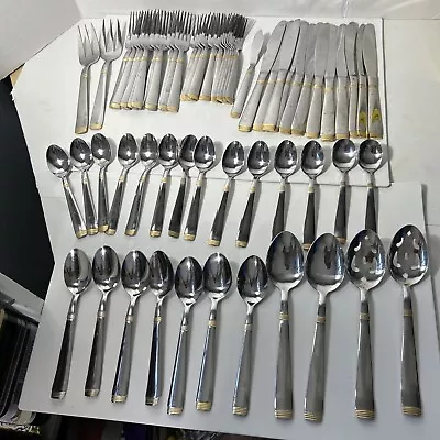 64 Pcs Cambridge Metro Glossy Gold Accent Stainless Steel Flatware Lot • $75