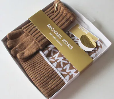 Authentic Michael Kors Knit 2-PC Gift Set Hat & Gloves Camel/Cream Logo NEW $88 • $32