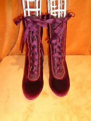 CHELSEA CREW Maroon Velvet Heeled Mid-Calf Boots Size 7.5 US 38 EU • $59.99