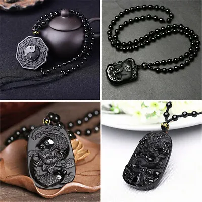 Chinese Natural Obsidian Handmade Carved Amulet Lucky Pendant Beads Necklace • $8.79