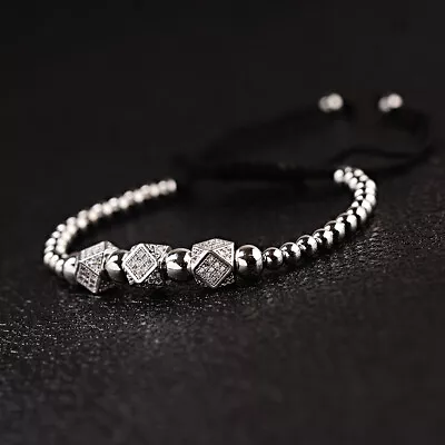 Charm Men's Bright Zircon Micro Pave Black Natural Stone Round Beaded Bracelets • $12.99