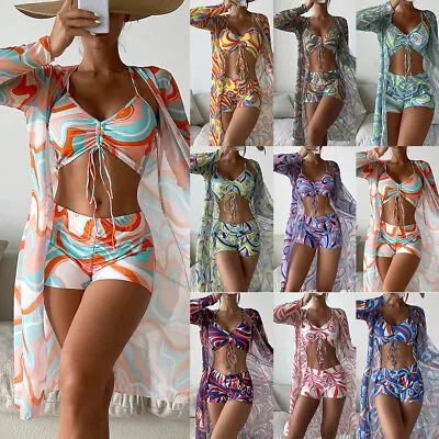 Women Long Sleeve Swimsuit 3 Piece Bikini Set Swimwear Ladies Bathing Suit • £12.34