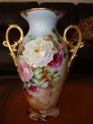 Gorgeous Antique Limoges Hand Painted Vase Roses & Gold 12  • $340