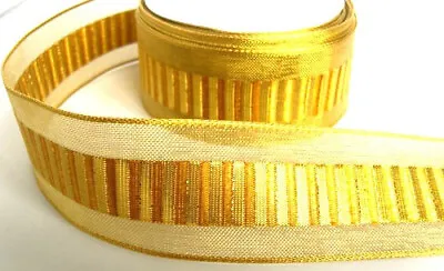 10 Metres BERISFORDS 37mm METALLIC Mesh RIBBON With GOLD And TOPAZ Centre Bands  • £3.49