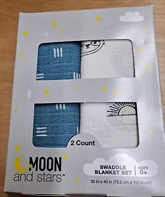 MOON And Stars 2 Count Blue/White 30 X40  Baby Swaddle Blanket Set Ages 0+ • $12.95