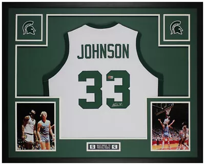 Magic Johnson Autographed & Framed White Michigan State Jersey Beckett COA • $595