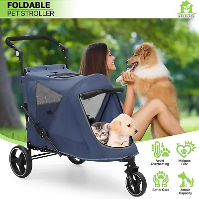 Folding Dog Stroller Blue Portable Pet Travel Carrier Cart W/Foot Activated Lock • $134.99