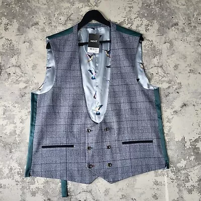 Next Mens Waistcoat 46R Blue Check Double Breasted Stretch Bird Pattern • $24.81