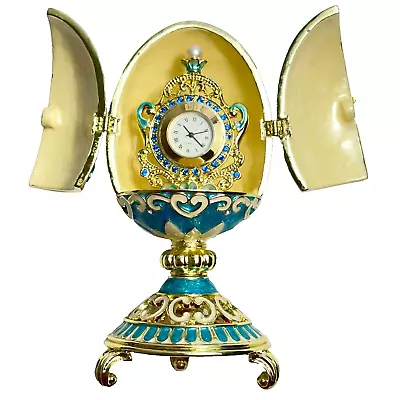 Keren Kopal E1457 Teal Gold Plate Faberge Egg Clock Trinket Box Austrian Crystal • $131.24