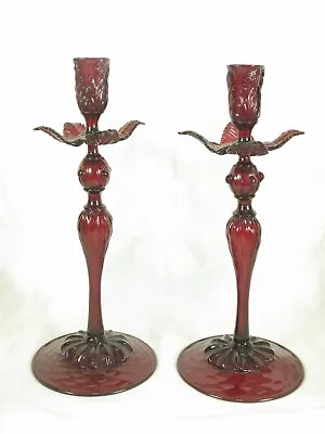 Set Of 2 Salviati Venetian/Murano Ruby Glass Candlesticks W/  Leaf  Bobeches • $999.99