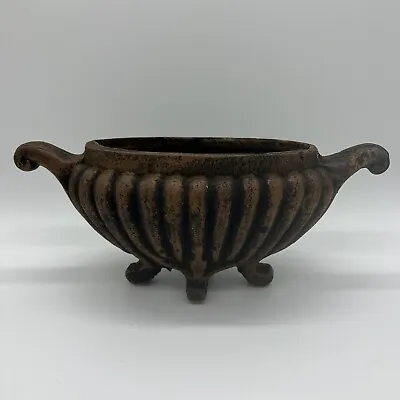 Cast Iron Urn Planter Ribbed Footed Scrolled Handles Antique Black Bronze • $89.95