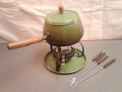 Vintage Avocado Green Fondue Pot W Wood Handle Burner Plate And Forks  • $17