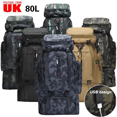 Military Tactical Backpack Rucksack Camping Hiking Trekking Outdoor USB Bag 80L • £27.54