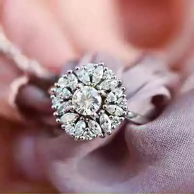 3 Ct Round Cut Real Moissanite Halo Engagement Ring 14k White Gold Plated • $150.74