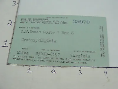 Vintage Paper - DRIVERS LICENCE -(ID)- WEST VIRGINIA - 1960-61 --  GAS TAX • $27.10