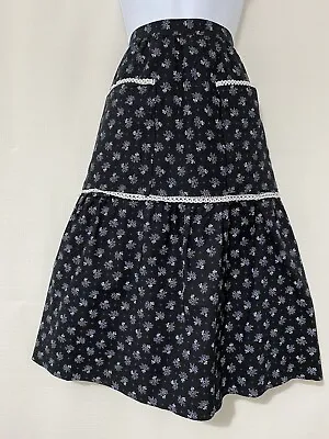 Vintage Cotton Skirt Black Size 10 Retro Floral Peasant Flare Pockets Midi • £21.25