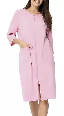 Women's Pink Zip Front Fleece Robe Duster Knee Length Sz M Casual Loungewear New • £28.21