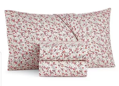 Martha Stewart Printed Flannel Floral Twin 3-pc Sheet Set Red White Ret: $60 • $29.99