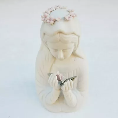 Vintage Religous Figurines Porcelain Bisque Madonna White With Pink Flower Halo • $29