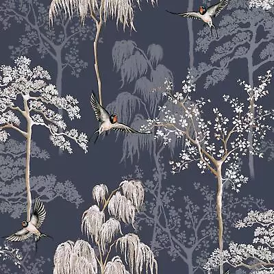 Arthouse Japanese Garden Wallpaper Oriental Swallow Birds Trees Navy 908106 • £14.45