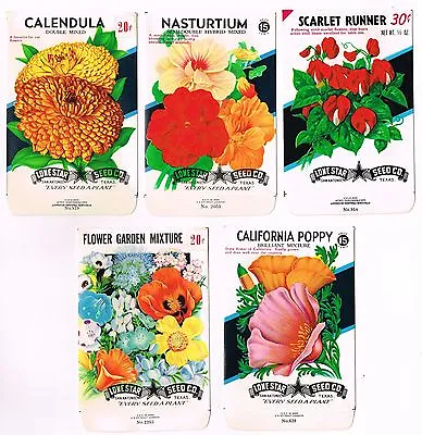 5 Diff Vintage Seed Packet Lot Nos C1940 Flowers Garden Texas General Store E99 • £5.65