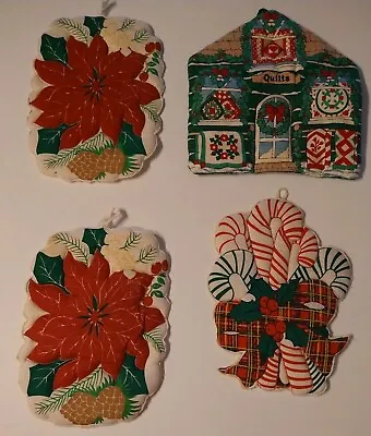 4- VTG  Revere Mills Quilted Pot Holders Christmas Poinsettias Candy Cane   A-30 • $8