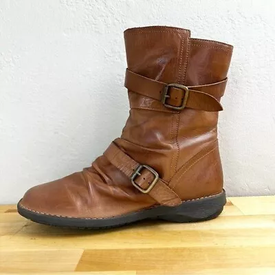 Miz Mooz Pasha Brandy Brown Leather Buckled Mid Calf Boots Size 39 WIDE • $69.99
