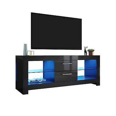 £101.86 • Buy 130cm TV Stand Unit Cabinet With LED & 2 Drawers Storage Space White High Gloss
