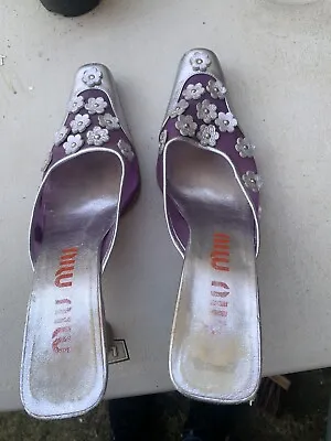 MIU MIU Silver Slip On Mid Flower Detail Kitten Heel Shoes Sandals Sz 5 • £50