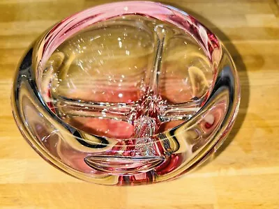 Handblown Art Glass Hand Signed Bowl Pink & Clear  4  Tall Abstract Table Decor • £53.02