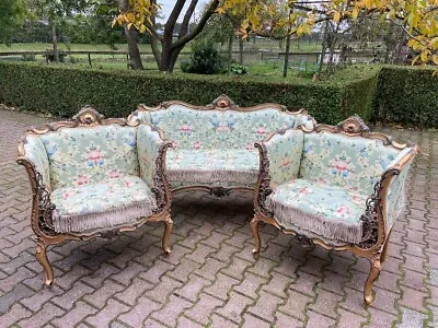 Vintage 20th Ct French Louis XVI Style Green Sofa Set With Two Chairs - 3 Pcs • $3510