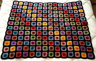 38 X 44  Mini Granny Squares Throw Afghan Lap Blanket Felted EUC Black Crochet • $29.95