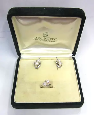 Vintage Mikimoto Cultured Pearl Ring & Earring Set Silver Free Shipping! • $299.97