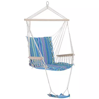 Outsunny Garden Hammock W/ Footrest Armrest Patio Swing Seat Hanging Rope Blue • £24.99