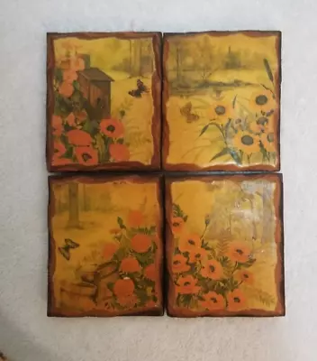 Lot Of 4 Vintage Wood Wall Plaques / Coasters- Flowers -6 • $10