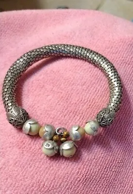 Pierre Cardin Vintage Silver Mesh Green Brown Bead Wrap Bracelet • $32.99