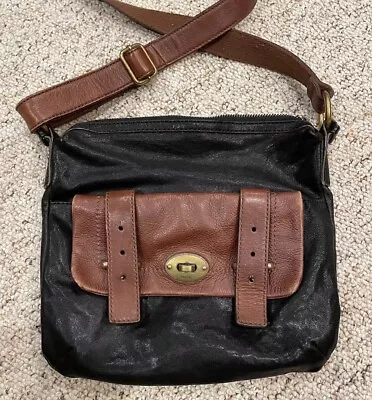 Fossil Bag Crossbody Mason Black Brown Leather Handbag Purse Flap Zip Pocket • $39.95