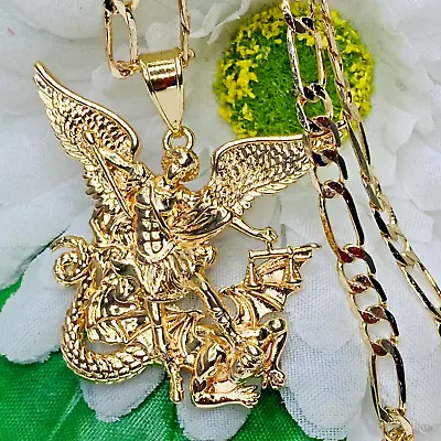 14k Gold Plated Michael Archangel Pendant Necklace & Figaro Chain 24  San Miguel • $15.99