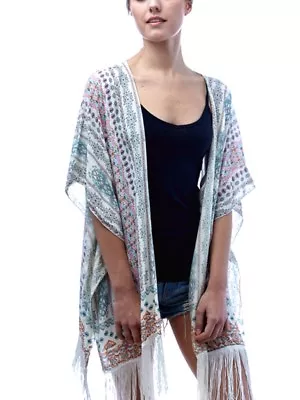 Bnip Ladies Patterned Fringed Kimono Cardigan Size Os 12 14 16 18  Cotton • $29.95