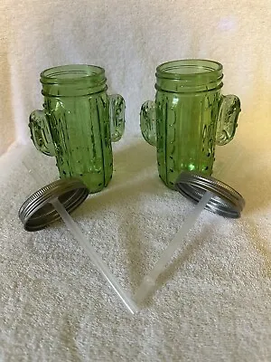 (2) Cactus Shaped Mason Canning Jars - Regular Mouth W/Straw & Cover • $12.70