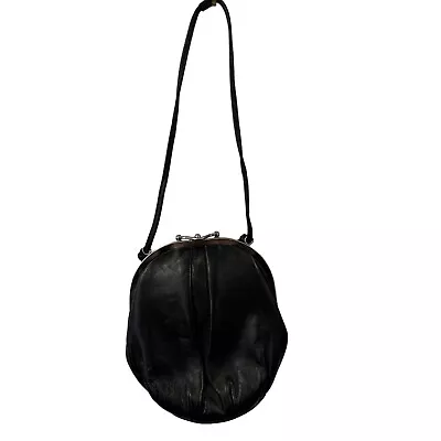 Vtg 60s Ande Black Leather Round Snap Clasp Closure Shoulder Bag Womens Mod • $19.99