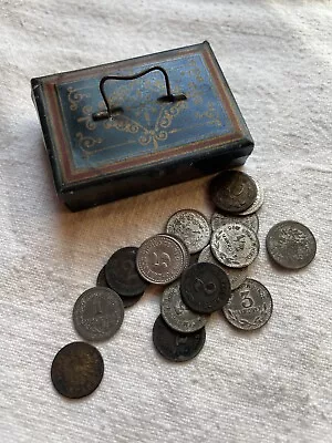 Antique Stenciled Metal Cash Box Store Dollhouse Penny Toy W/  German Coins • $49.99