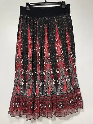 Metrowear Pleated Crinkle Midi Pull On Skirt Womens Size Large Black Red Spring • $15.19